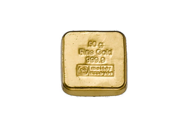 Au 50g gegossen_RS 50 g Heimerle+Meule Goldbarren Neuware, gegossen