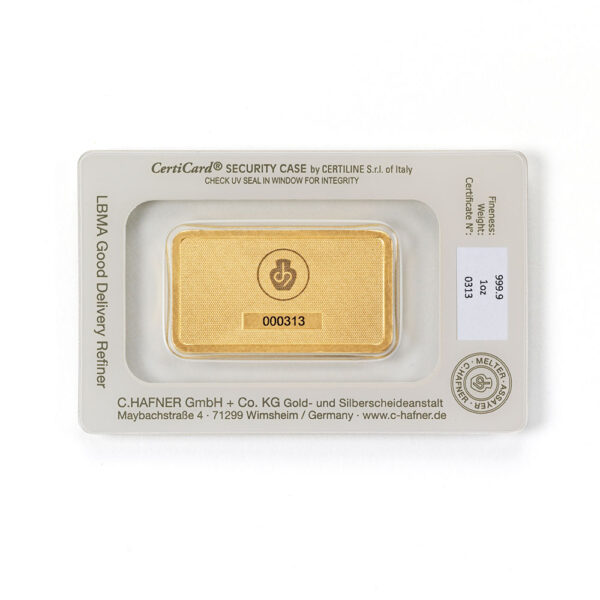 CHAF_1oz_Feingoldbarren_RS_PK_web 1 Unze (oz) C.Hafner Goldbarren Neuware geprägt