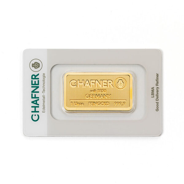 CHAF_1oz_Feingoldbarren_VS_PK_web 1 Unze (oz) C.Hafner Goldbarren Neuware geprägt