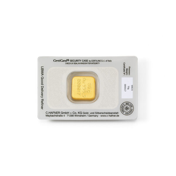 CHAF_50g_Guss_RS_PK_web 50g C.Hafner Goldbarren Neuware, gegossen