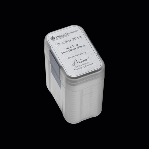 SilverBox_1oz_stack_001 20 x 1oz Heimerle+Meule Silberbarren, UnityBox, Neuware, geprägt
