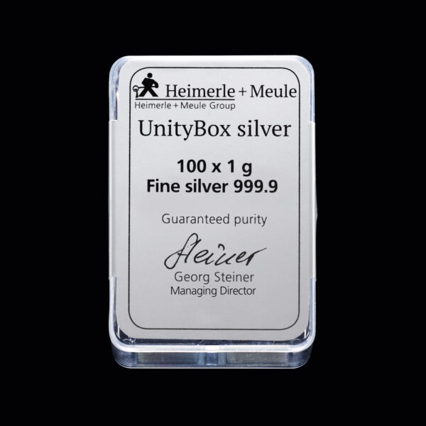 Unity-Box-100x1g-Silber_Rueckseite_web 100 x 1 g Heimerle+Meule Silberbarren, UnityBox, Neuware, geprägt (Kopie)