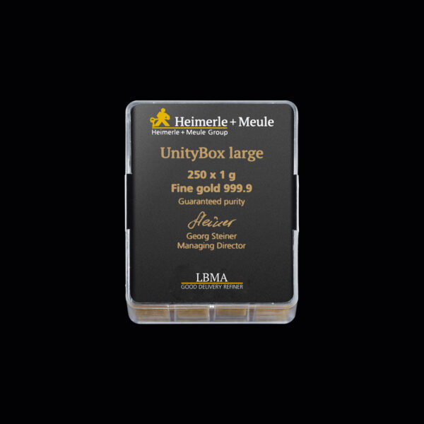 UnityBox_large_250x1g_VS_web 250 x 1 g Heimerle+Meule Goldbarren Neuware, geprägt