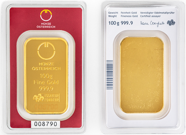 100 g Goldbarren Münze Österreich geprägt